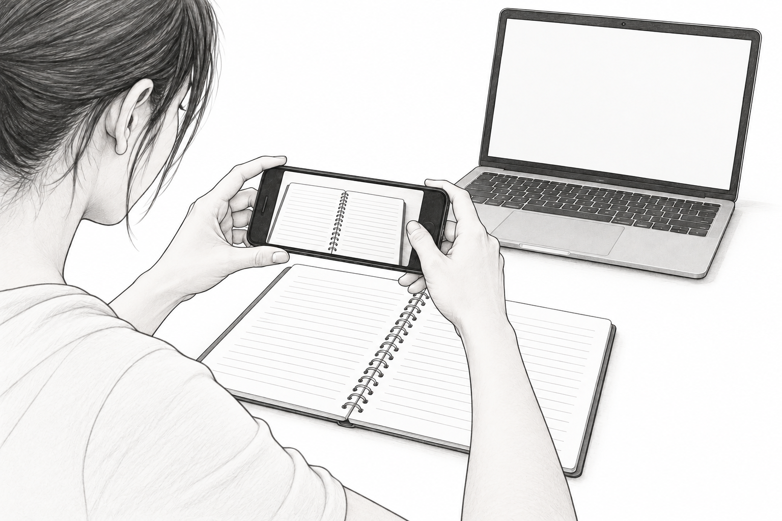 Photographing a paper workout notebook with a phone.